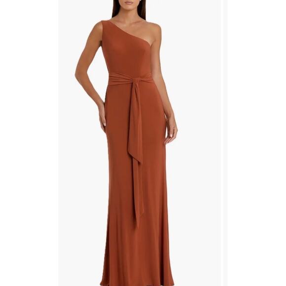 Mac Duggal 26581 Brick Jersey One Shoulder Belted Trumpet Gown 8 MSRP $298 READ - Picture 1 of 16